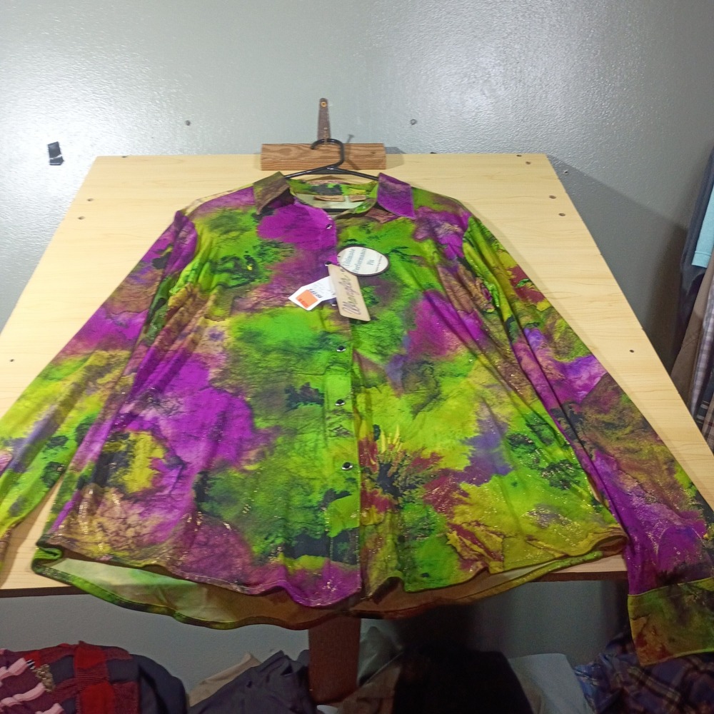 Wrangler Button Down Shirt Women Medium Green Purple Gold Tie Dye Metallic Snap